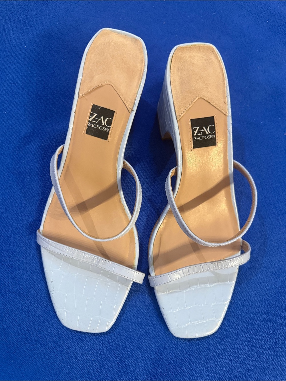 ZAC Zac Posen White Croc-Embossed Strappy Block Heel Sandals 8.5